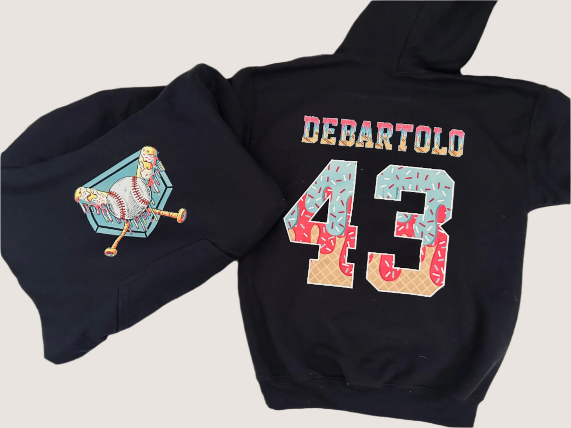 Black hoodie with 'DeBartolo 43' design on a white background